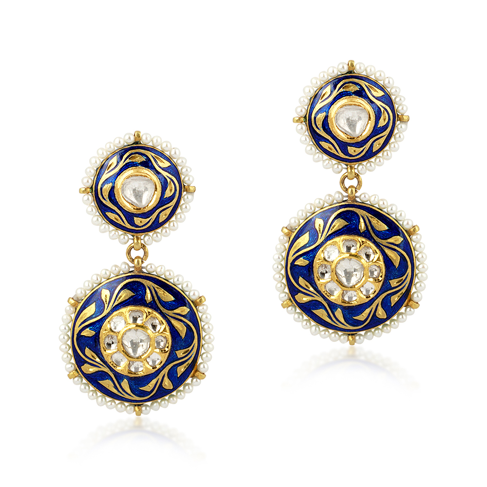 Indigo Enamel Earrings with Polki Diamonds and Pearl Border